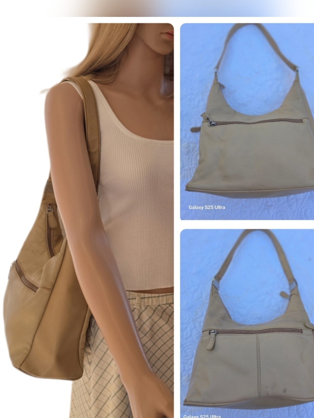 Aurielle Vintage 90s Beige Slouchy Leather Hobo Bag